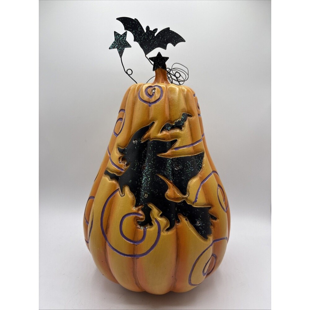 Resin Color Changing Blinking Light Up Pumpkin With Witch, Bats & Purple Swirls
